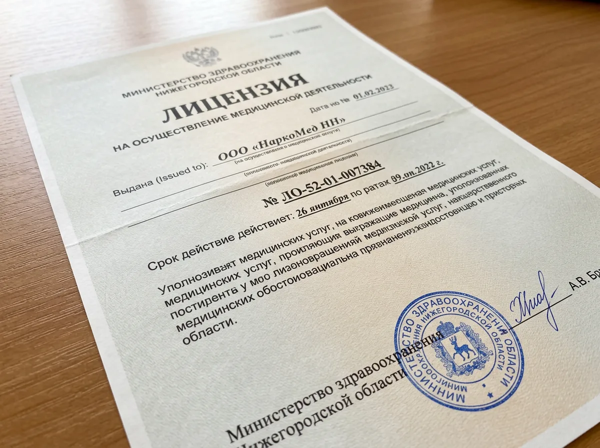 Лицензия на медицинскую деятельность ООО «НаркоМед НН» № ЛО-52-01-007384, выданная Минздравом Нижегородской области — официальный бланк с печатью