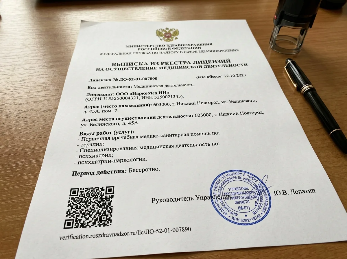 Выписка из реестра лицензий на медицинскую деятельность ООО «НаркоМед НН», официальный документ с QR-кодом и печатью регулятора