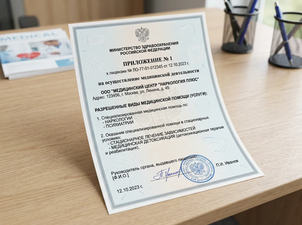 Приложение к лицензии на медицинскую деятельность с перечнем разрешённых услуг: наркология, психиатрия, детоксикация, стационарное лечение зависимостей